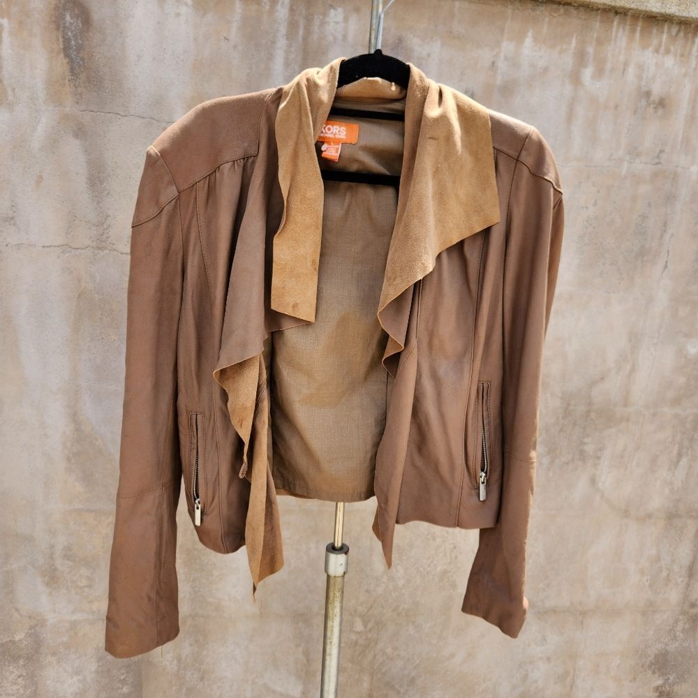 Kors Michael Kors Lamb Leather Open Front Brown Jacket